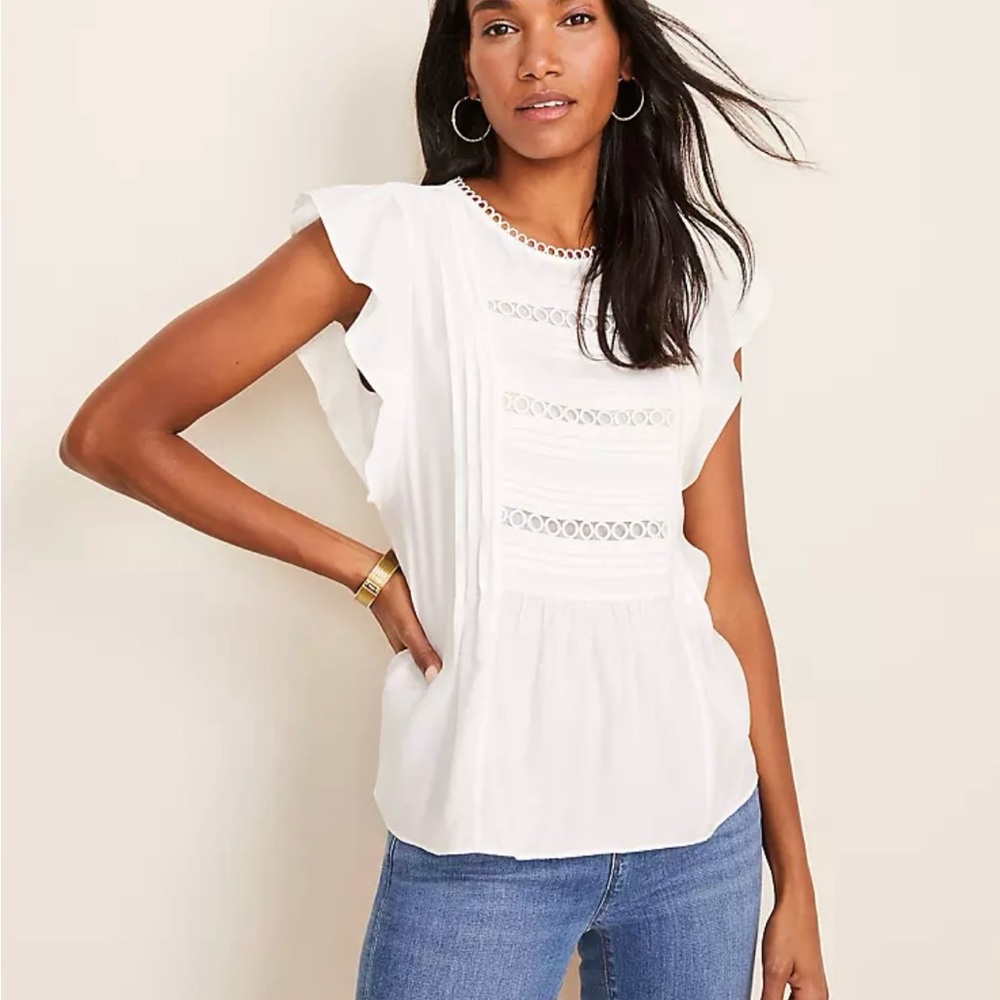 Ann Taylor White Lacy Pintucked Ruffle Flutter Sleeve Women’s Top Blouse Sz XXSP